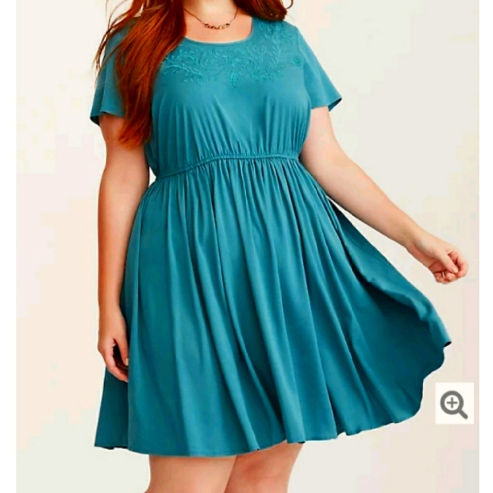 TEAL CHALLIS EMBROIDERED SKATER DRESS